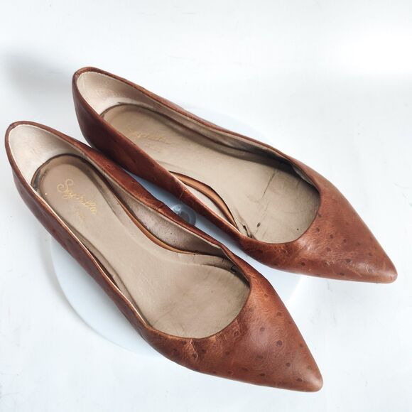 Seychelles Flats Size 10 Leather Pointy Toe Camel Tan Ostrich Embossed Preppy - Picture 7 of 10